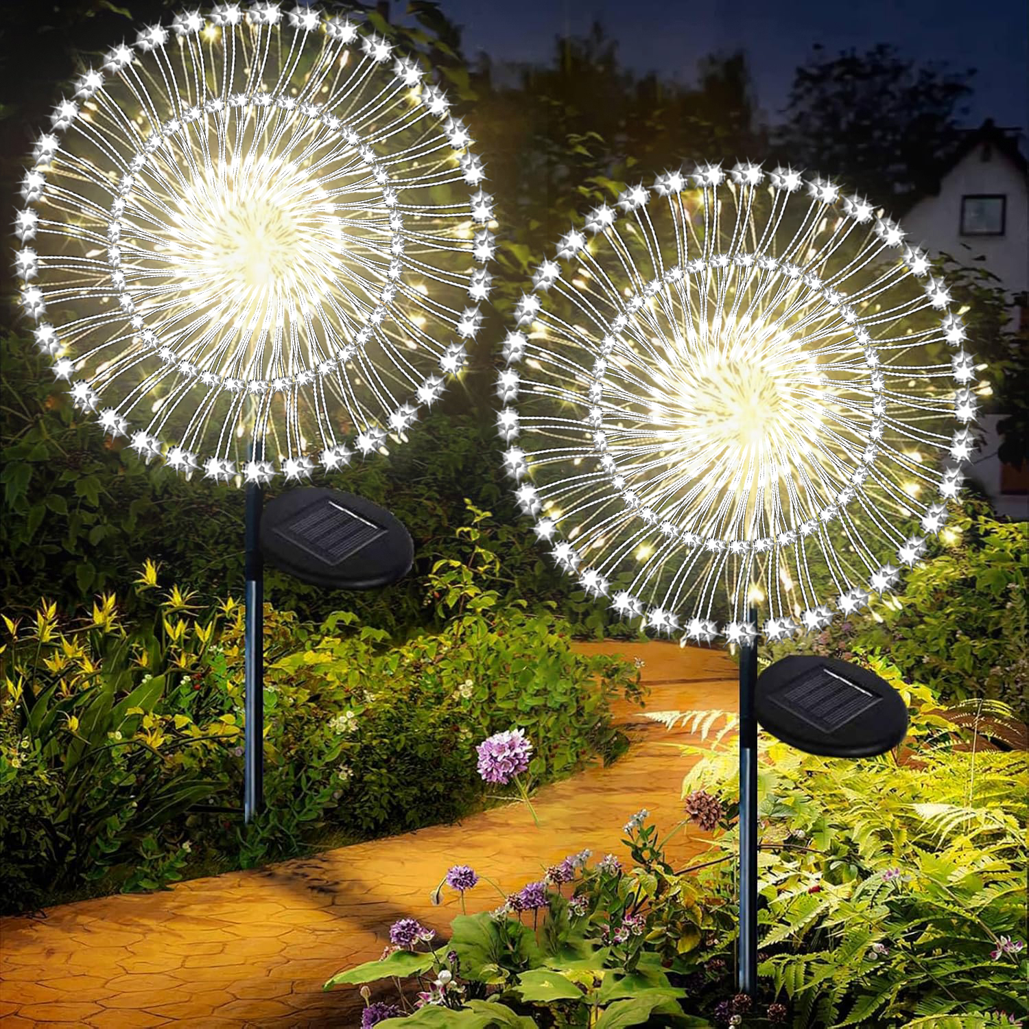 Luces solares para jardín al aire libre, 60/200/420LED, estaca de iluminación de diente de león, luz Solar de fuegos artificiales para decoración de césped de Navidad y Halloween: Blanco frío / 6-10 W