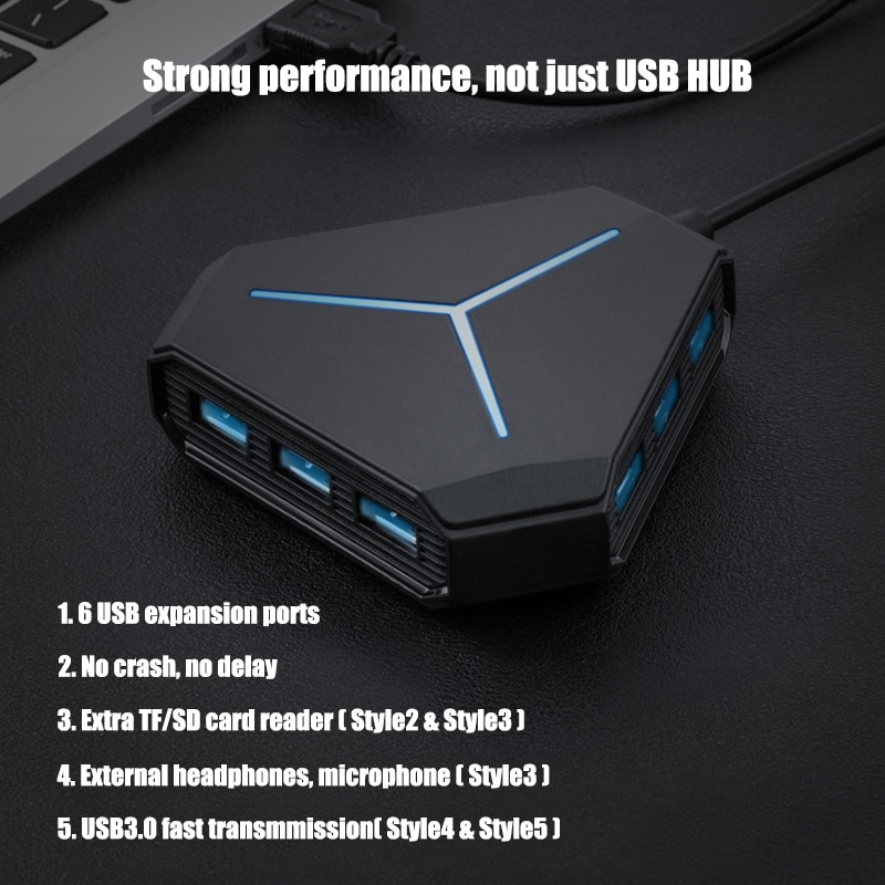 6 Port USB 2.0 3.0 Hub With TF SD Card Reader Mic AUX Cool Light Charging Splitter for Multi-device Desktop Laptop