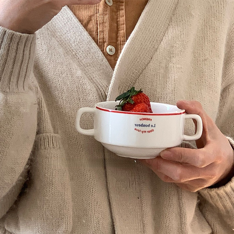 Ladycc fransk alfabet dobbelt øre keramisk skål havregryn yoghurt skål keramisk kaffekop latte kop restaurant morgenmadsskål