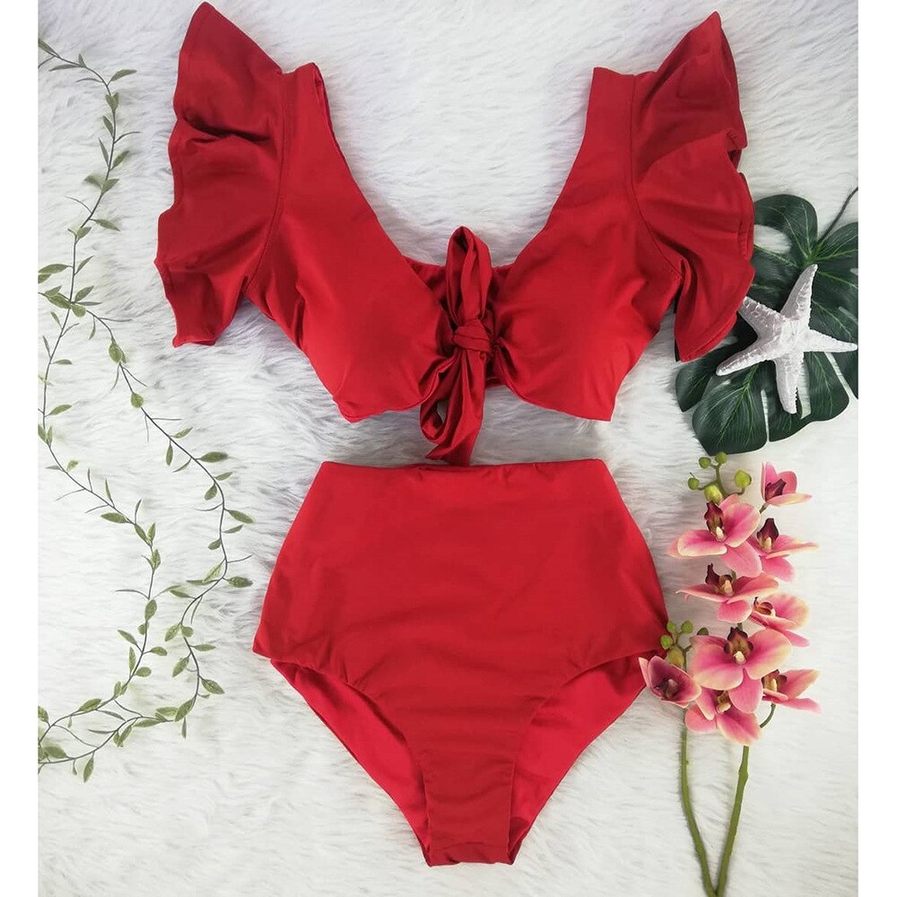 Sexy Hoge Taille Bikini Vrouwen Badmode Push Up Badpak Ruffle Biquini Badpak Summer Beach Wear Plus Size Zwemmen pak: red / XL