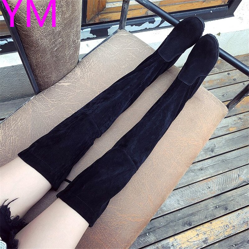 Kvinnor stövlar höst vinter dam platt botten stövlar skor över knä låret höga mocka långa stövlar 35-41