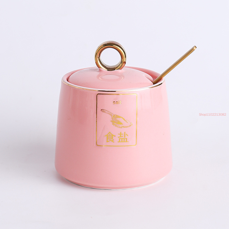 Gold-plated Ceramic Seasoning Jar with Lid Spoon Household Sugar Bowl Chili Box Kitchen Food Container Spice Organizer Rack: Beige