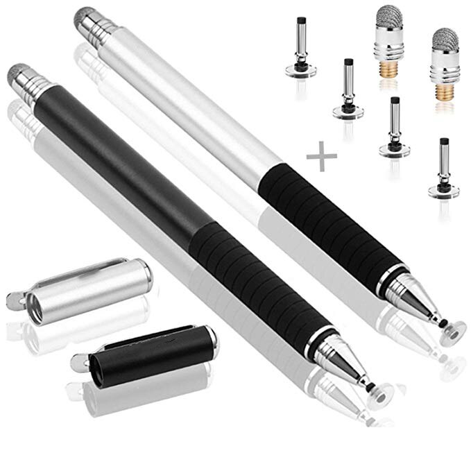 Universal fiber stylus 2 in 1 disk stylus pen mesh fiber tip serie præcision touch screen penne til alle kapacitive berøringsskærme: 1 sort 1 sølv