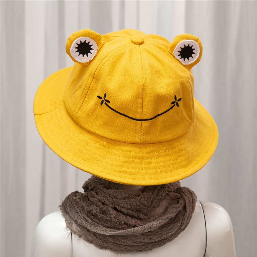 Cute Frog Hat Letter Bucket Hats Women Cover Fisherman Cap Hat for Adult Women Sunscreen Summer Outing Hat: Yellow / L