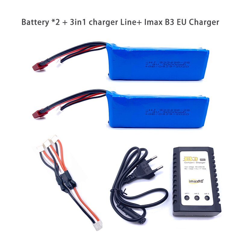 Wltoys 144001 Car 2s 7.4V 3000mAh Upgraded Lipo Battery T Plug For Wltoys 1/14 144001 RC Car Boat Lipo Battery Parts Upgraded: 2Bat3in1LineB3EUCH