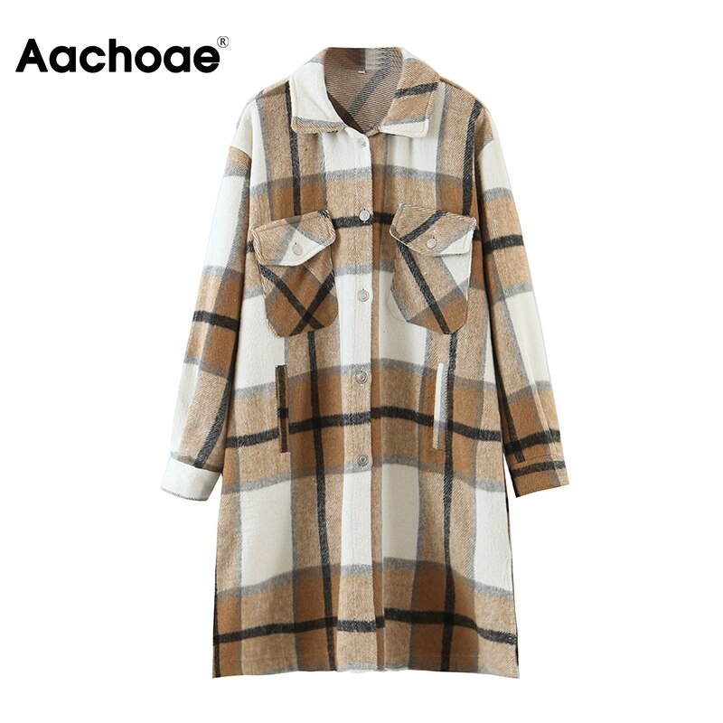 Aachoae dames lange geruite jas met omslagkraag, casual dames wollen jassen, vleermuismouwen, losse zakken, herfst/lente