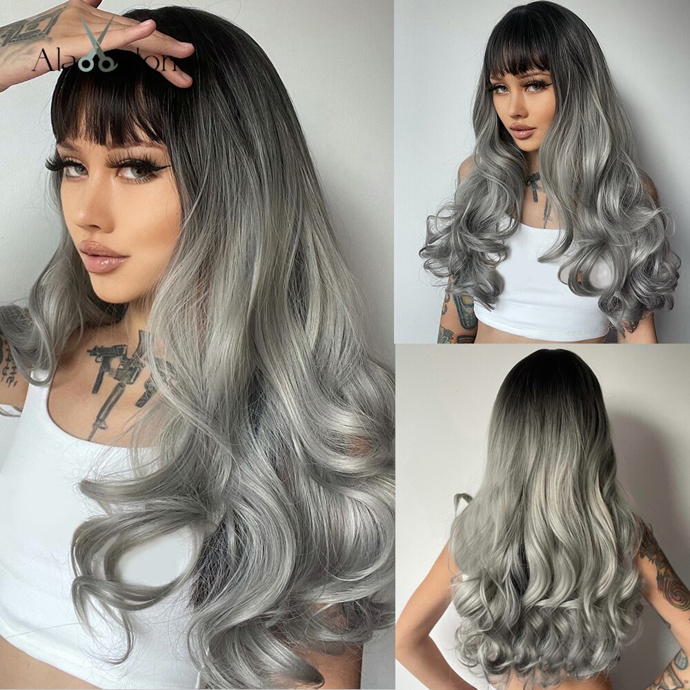ALAN EATON Ombre Black Brown Long Wave Synthetic Wigs with Full Bangs For Black Women Heat Resistant Fibre Cosplay Party Daily: lc6057-1