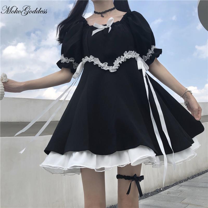 Gothic Lolita Westerse Stijl Harajuku Zwart Bladerdeeg Mouw Jurk Retro Dark Japanse Zwarte Jurk Koele Stijl