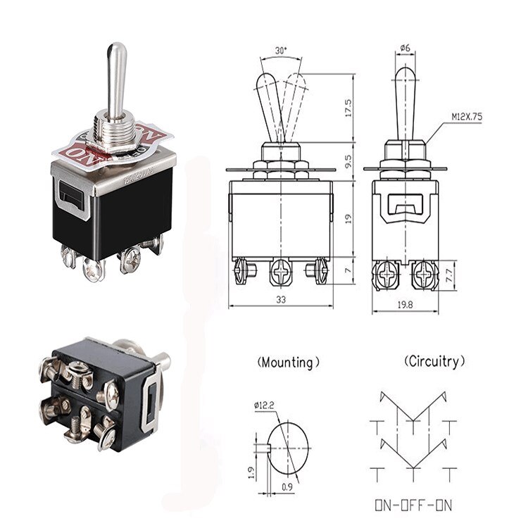 Heavy duty 15a 250v dpdt 6 pin on-off -on 3 posisjon vippebryter svart