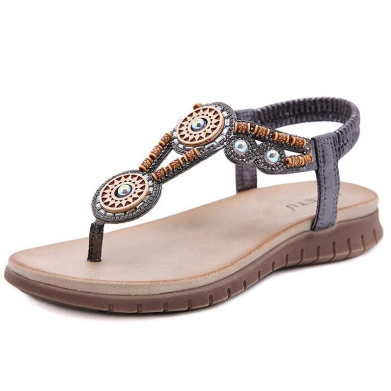 Tongs plates en strass pour femmes, sandales d'été, style bohémien, chaussures confortables à la: GRAY / 10