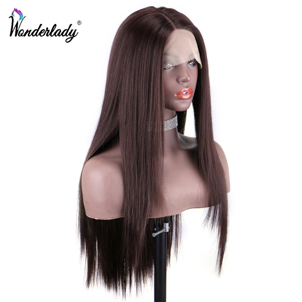WonderLady-Peluca de encaje para mujer, pelo largo Yaki, sintético, liso, marrón y negro, frontal, color azul y morado