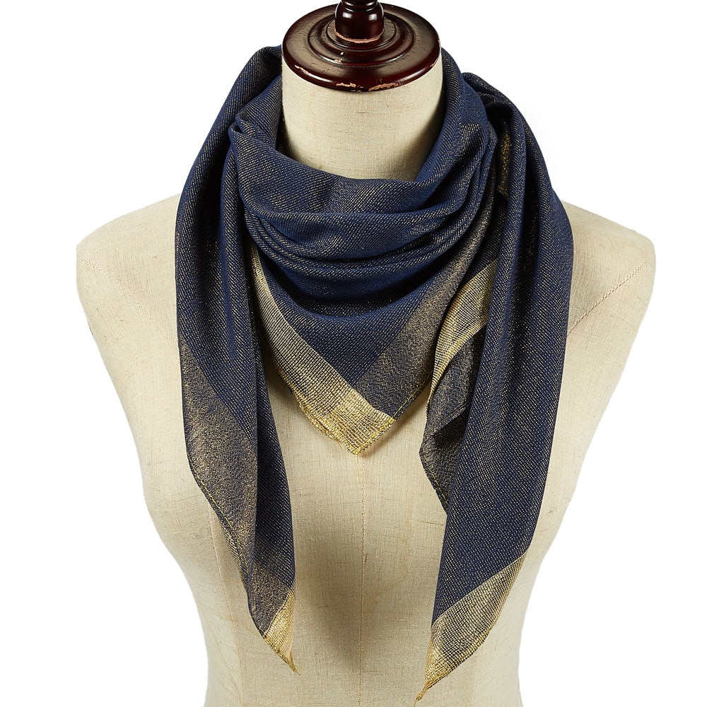 Foulard carré uni avec bordure en Lurex doré pour femme, châle léger, 90x90 cm