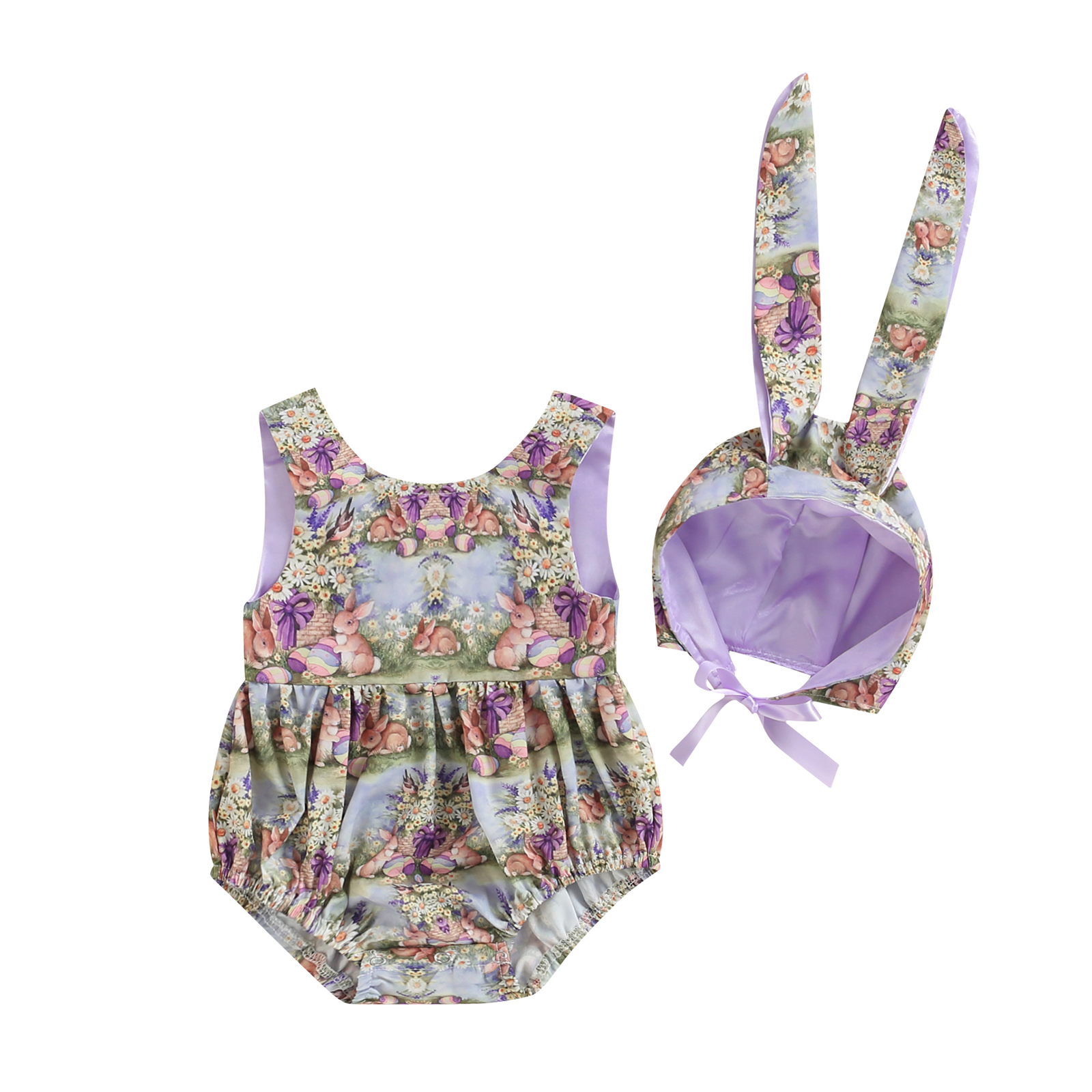 Neugeborene Jungen Mädchen Ostern Outfit einstellen Kaninchen Druck ärmellos Spielanzug Kaninchen Ohr Hütte Kostüm: Lila / 6m