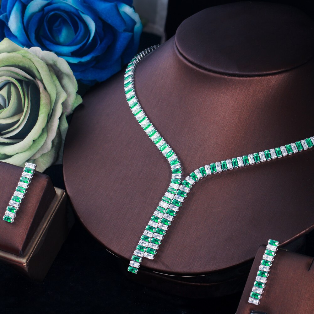 Threegraces Romantische Glanzend Witte Zirconia Vierkante Dangle Oorbellen En Ketting Bruids Bruiloft Sieraden Set Voor Bruiden TZ606