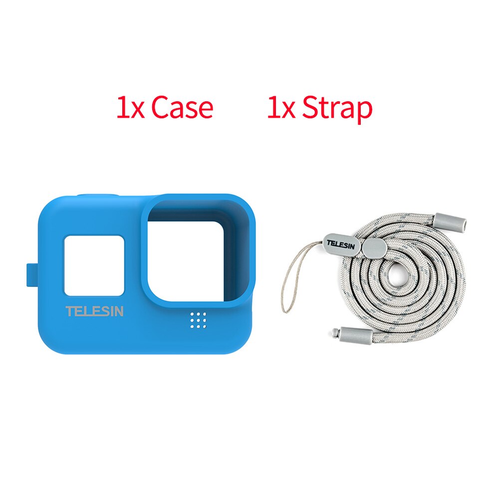 TELESIN Soft Silicone Case Housing Cover Lens Cap Blue White Adjustable Handle Wrist Strap For GoPro Hero 8 Camera Accessories: Blue