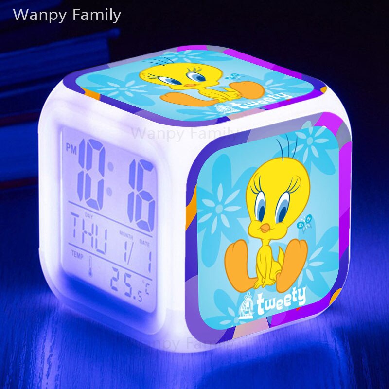 Very Lovely Tweety Alarm Clock 7 Color Glowing LED Multifunctio Digital Alarm Clock Big screen Touch Sensing Flash Watches Clock: Blue