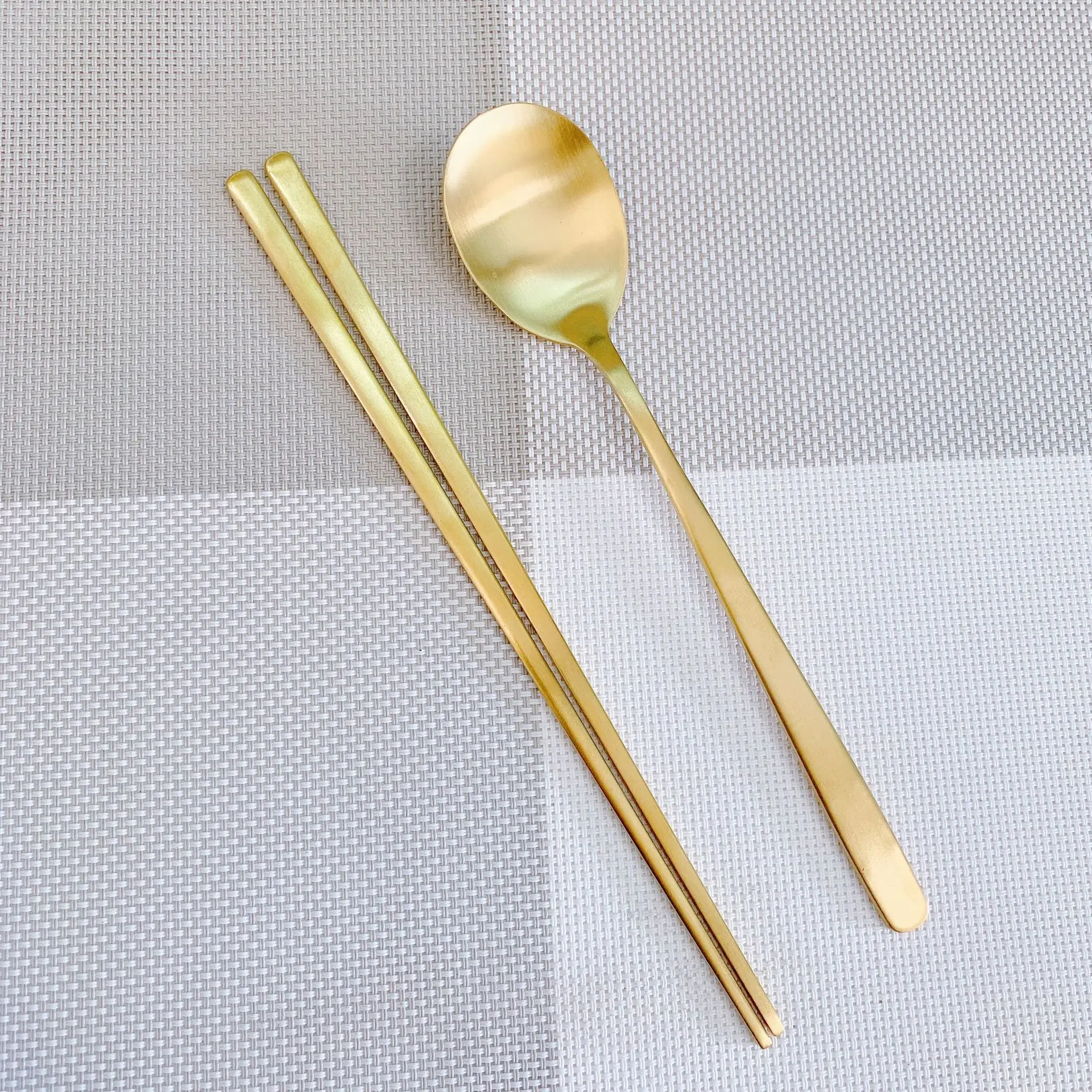 Stainless Steel Chopsticks Korean Spoon Set Flat Brushed Solid Gold-Plated Tableware: Blue