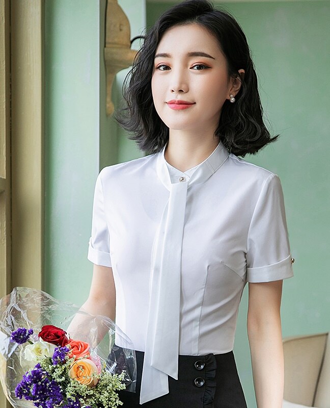 Vrouwen Slanke zomer Effen kleur Korte mouw OL Formele Zakelijke Blouses & Shirts Vrouw 703: WHITE / S