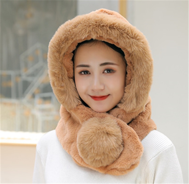 Female Winter Knitted Hats Add Fur Lined Warm Winter Hats For Women Keep Neck Ear Warmer Balaclava Pompoms Cap: Camel