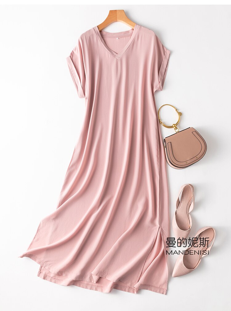 Vestido Midi de seda crepé grueso para mujer, Vestido largo de manga corta con escote en V y abertura lateral, talla L XL, MM112, 100%: pink / L