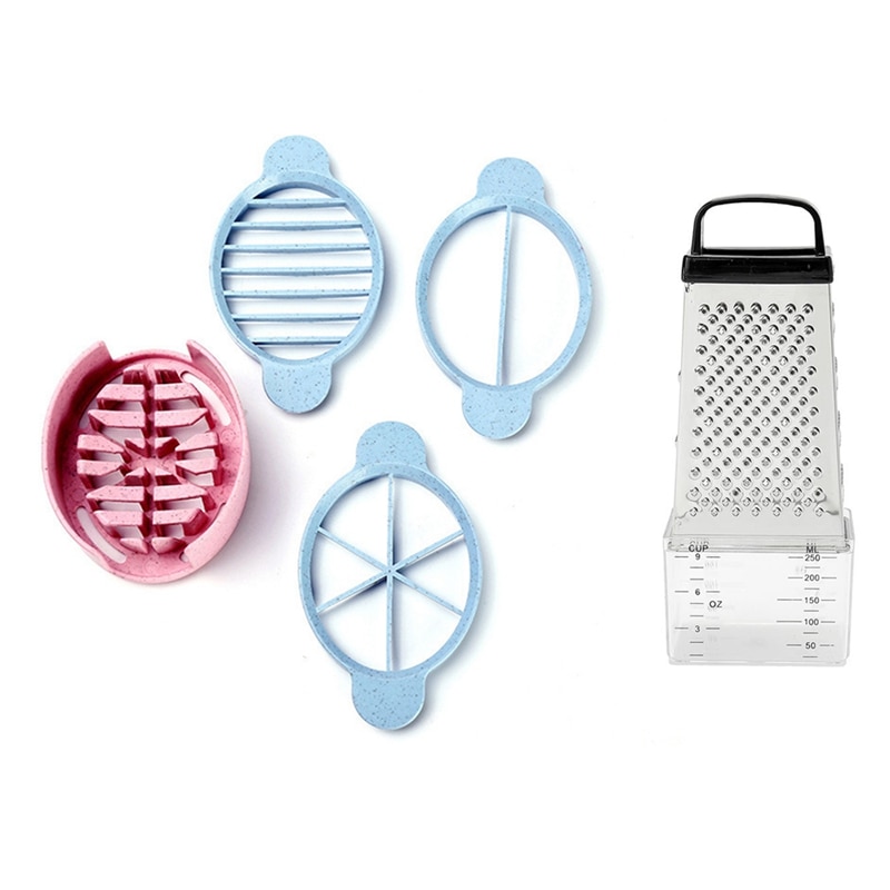 1 cortador de huevos ovalado práctico cortador de huevos 3 in 1 y 1 piezas de 2 cuchillas de 4 lados rallador rebanador cortador caja contenedor de acero inoxidable