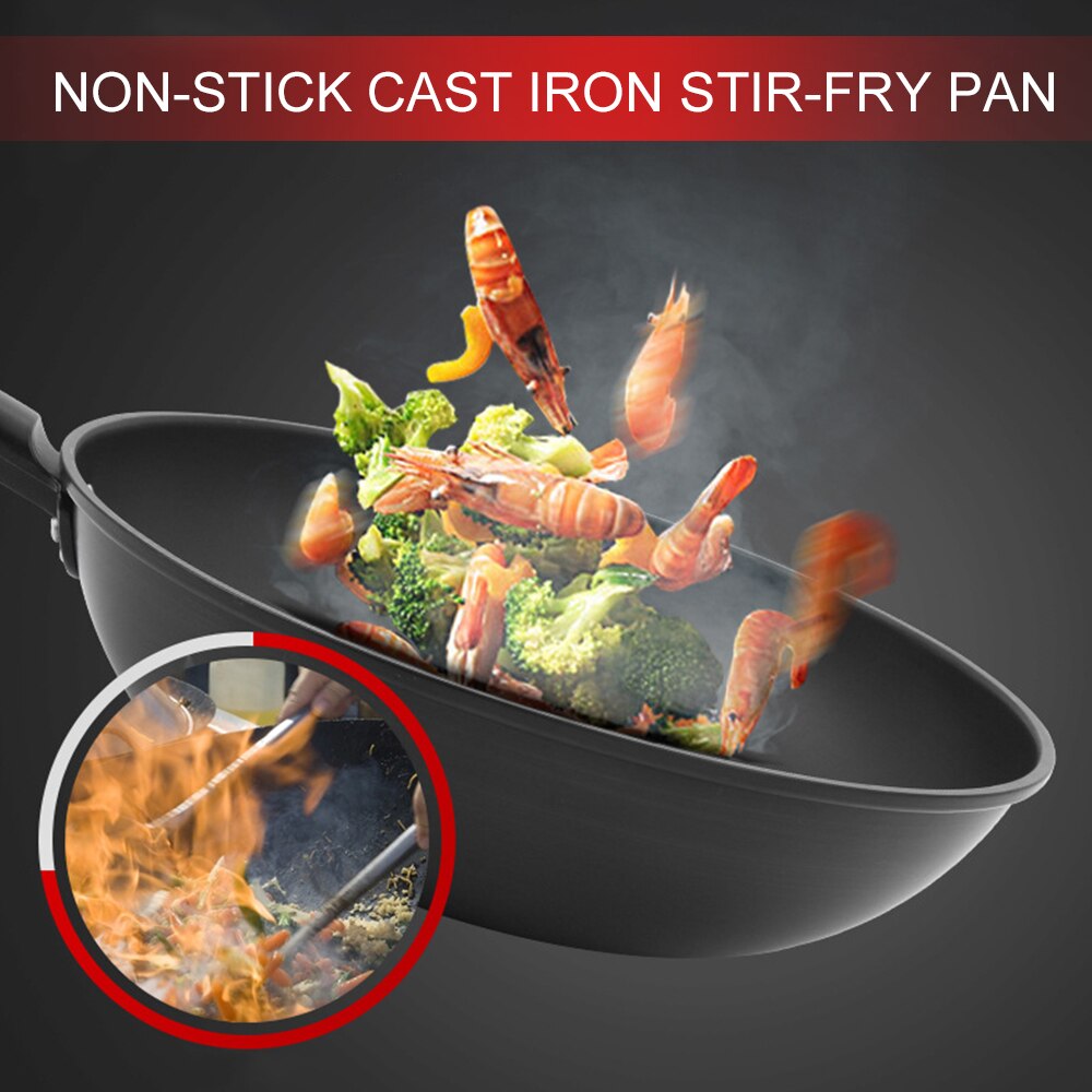 Non-stick Pan Met Deksel Gietijzeren Wok Bak Zonder Olie Rook Koekenpan Wok Zonder Fosfor Keuken Pan voor Oven Gasfornuis