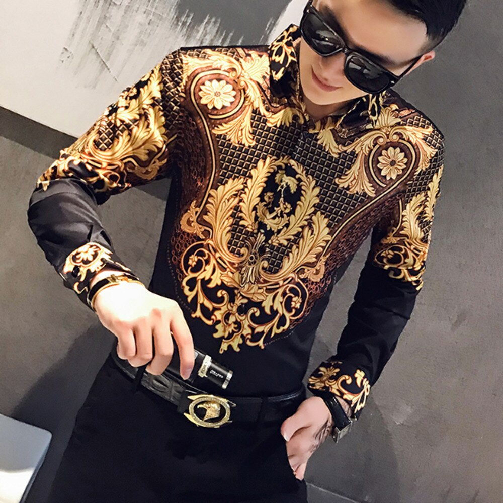 Luxury Gold Print Shirt Mens Men Long Sleeve Shirts Party NightClub Tuxedo Shirts Casual Slim Fit Streetwear Blouse Homme