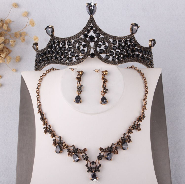 Barokke Vintage Gold Black Crystal Bruids Sieraden Set Rhinestone Tiara Kroon Ketting Oorbel Bruiloft Afrikaanse Kralen Sieraden Sets