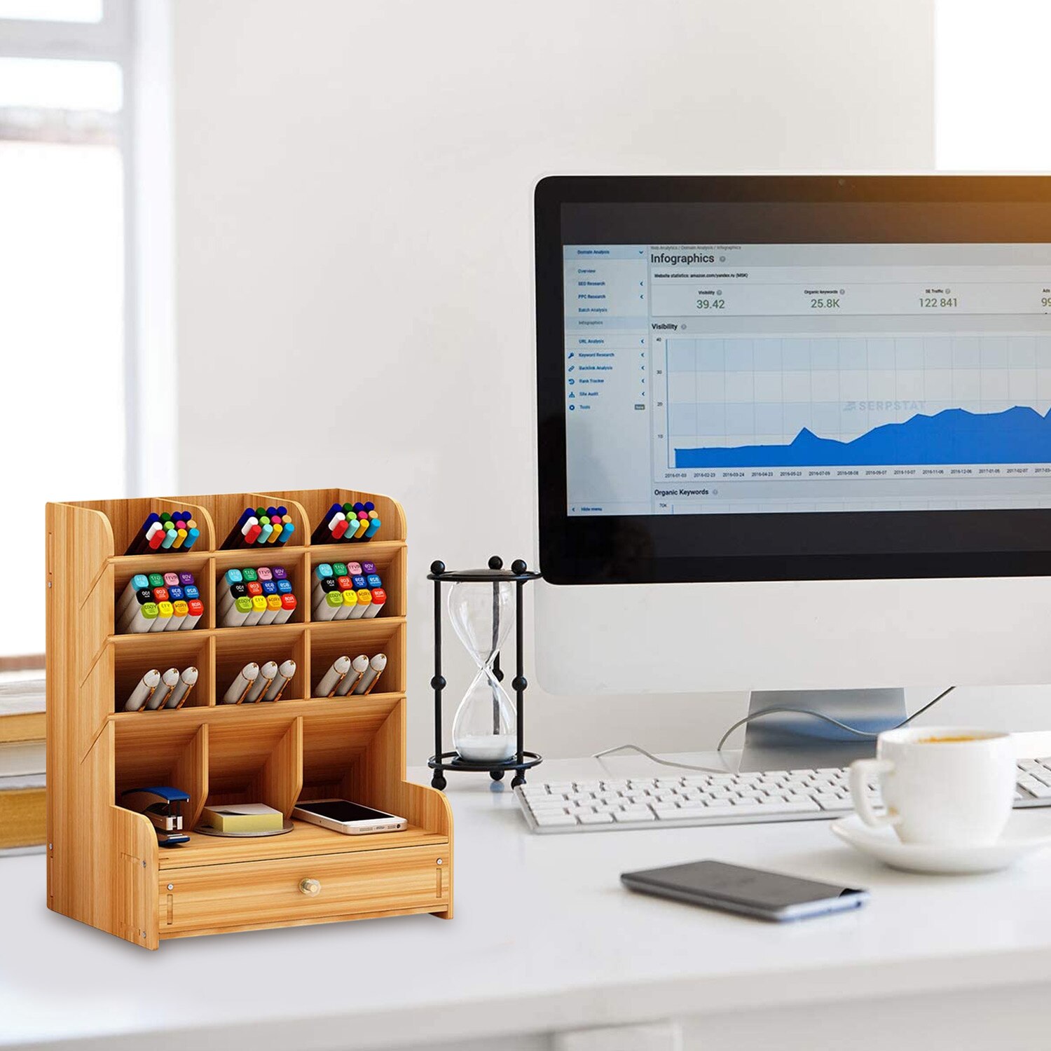 Organizador de Mesa de madeira DIY Caixa Rack de Armazenamento com Gaveta de Lápis Caneta Titular bloco de Notas para o Escritório Da Escola Para Casa e Jardim