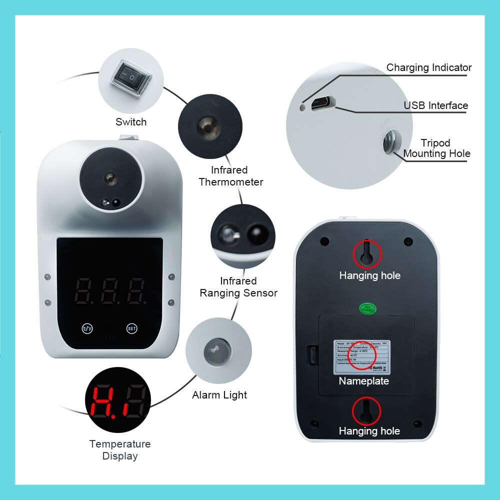 Non-Contact Infrarood Voorhoofd Thermometer Digitale Muur Gemonteerde Self-Service 0.1S Quick Test Lcd Met Alarm zonder Batterij