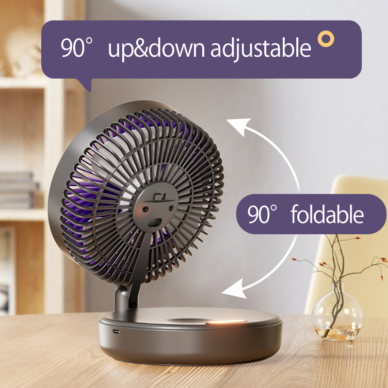 2024 Neuer Stil 5000 mAh kleiner tragbarer Ventilator, wiederaufladbarer Wandventilator 90 ° Faltbarer Tischventilator mit 4 Gängen und warmem Nachtlicht