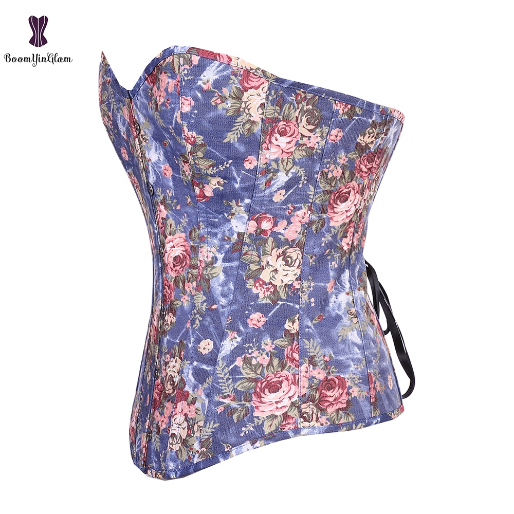 Kjøp to fikk en gratis korsetter floral lolita sexy korset elastisk utbenet gorset rose blomst utskrift kvinner jente antrekk busk bustier