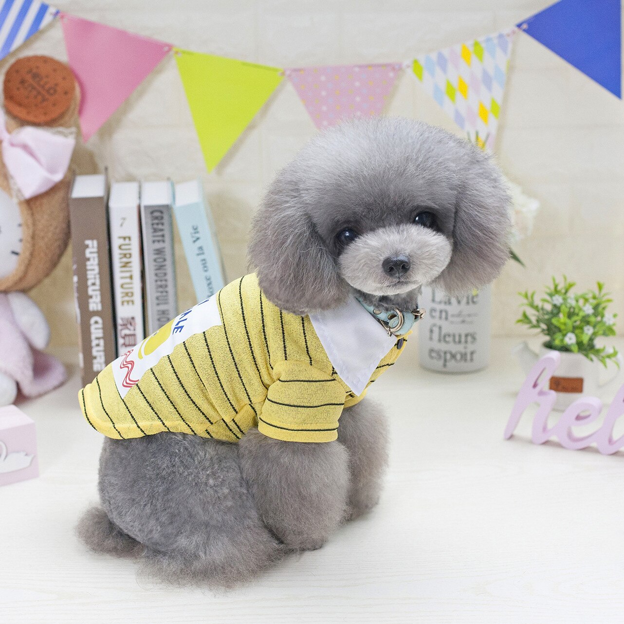 Dolphin Print Dog Clothes T-shirt Stripe Dogs Clothing for Pet Costume Cartoon Spring Summer Chihuahua Ropa Para Perro: yellow / s