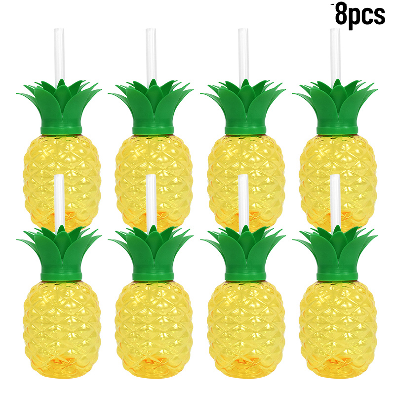 Vasos de piña de plástico con pajita y fresa para beber, 8 piezas, Hawaiano, Luau, decoración de Tropical, suministros de cumpleaños de playa de verano: Amarillo fluorescente