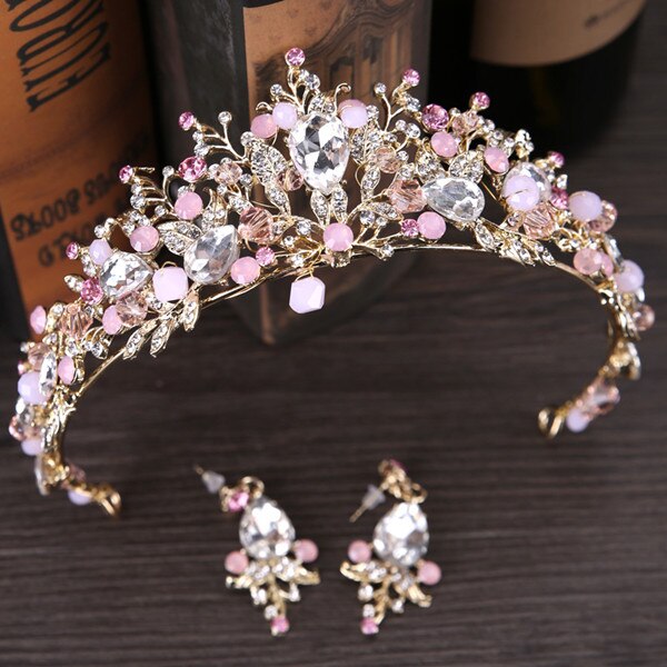 Roze Blad Kristal Bruid Ketting Oorbellen Tiara Kronen Bruids Bruiloft Sieraden Set Accessoires Voor Vrouwen: Default Title