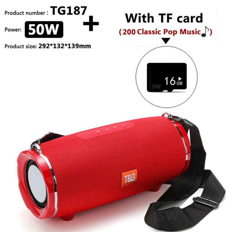 TG187 Altoparlante Bluetooth da 50 W ad alta potenza Colonna portatile impermeabile da esterno Altoparlante potente per altoparlanti per computer Subwoofer BoomBox Supporto per sistema 3DStereo Music Center TF FM AUX: TG187 Red TF card