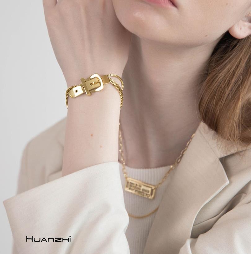 HUANZHI Neue Gold-Überzogene Armbinde Gürtel Schnalle Kette Übertrieben Metall Armbinde für frauen Mädchen Einstellbare Schmuck