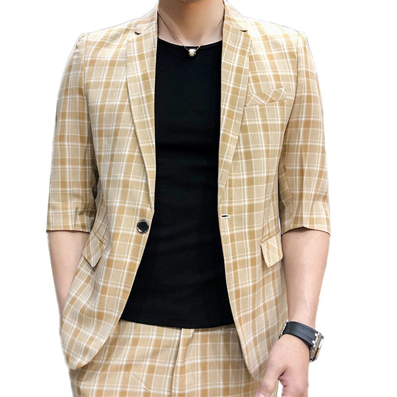 Men's Half Sleeve Blazer Suit Two Piece Set Jacket Pants British Style Slim Fit Plaid Business Dress Coat Trousers