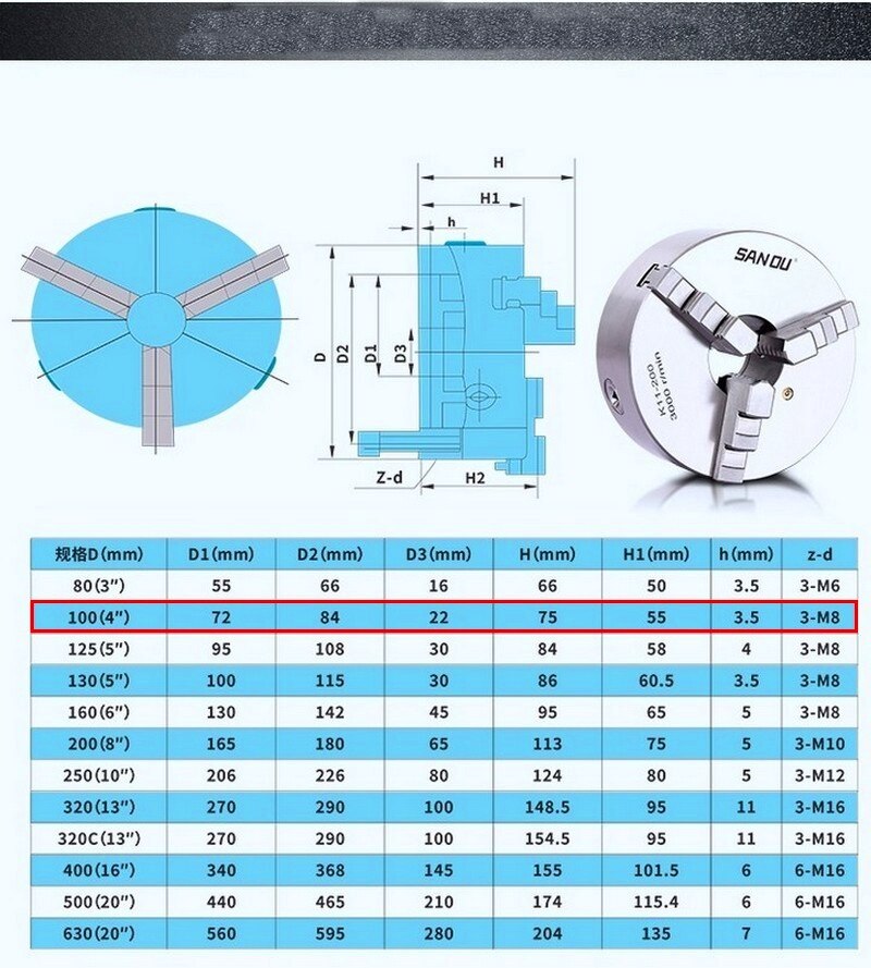 SANOU K11-100 Chuck 100mm 4 Inch 3 Jaw Self Centering Lathe Chuck Metal Scroll Chucks for Drilling Milling Machine lathe chuck