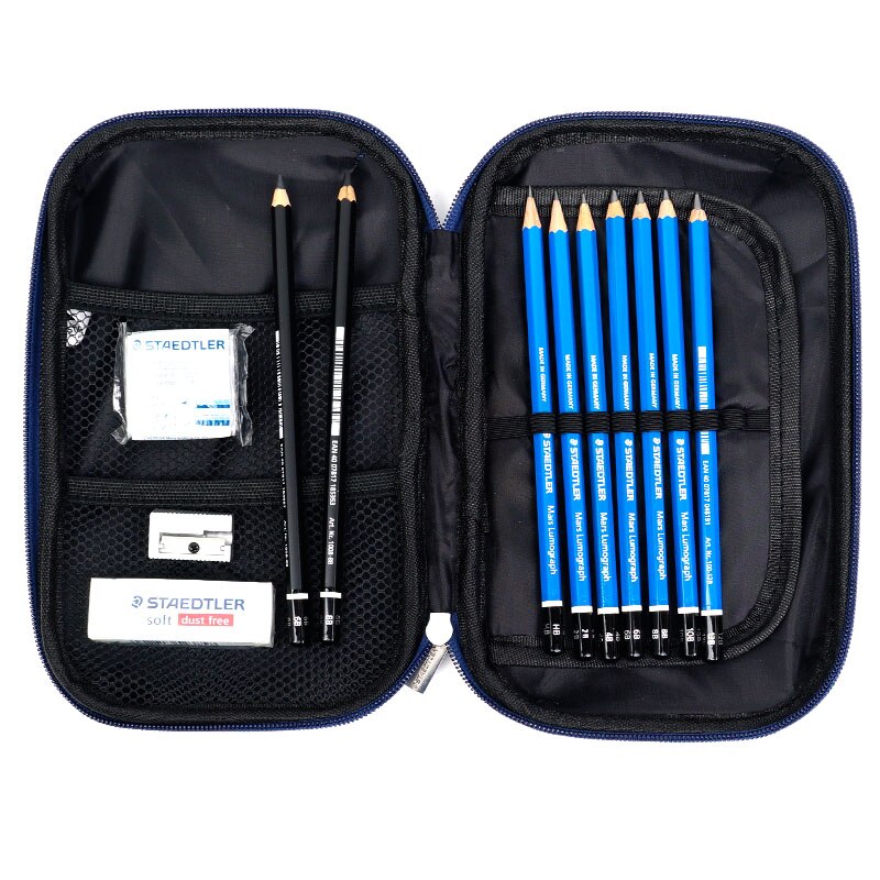 Staedtler 100 SET3 Sketching Pencils Blue Black Body with Erasers Sharpener Drawing Designing Art Set