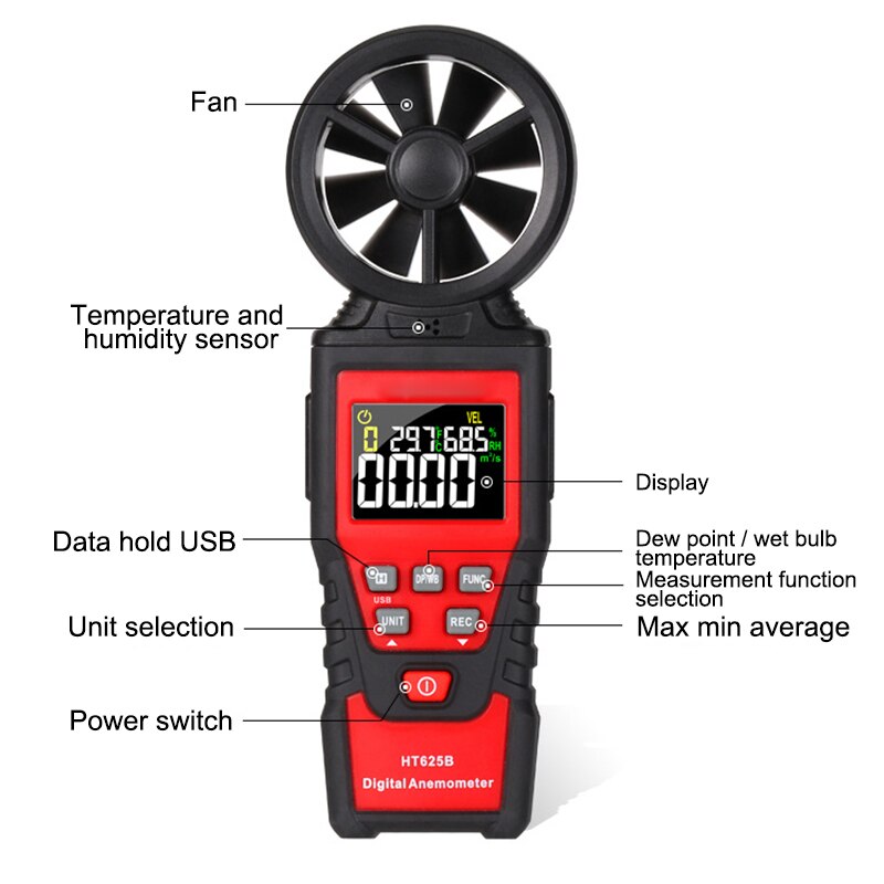 Bærbart lcd digitalt vindmåler termometer vindhastighedsmåler vindmåler testværktøj  ht625b puo 88