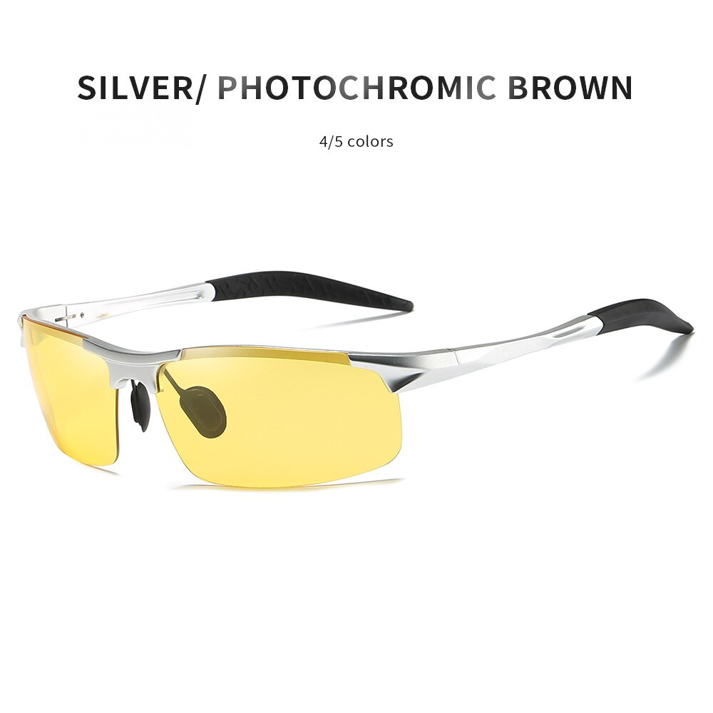 Herre aluminiums sports polariserede fotokromiske briller til kørsel dag nattsyn anti blænding gul til brun overgangs linse 5933: Sølvgulbrun