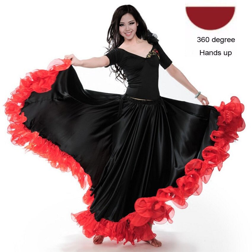 Mode Plus Size Gypsy Stijl Vrouwelijke Spaanse Flamenco Rok Prestaties Buikdans Kostuums Ruches Kanten Jurk Team Prestaties: Black 360degree