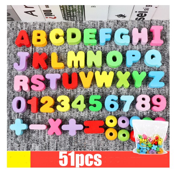 Giocattoli di legno giocattolo fai-da-te cartone animato frutta animale lettera numero Stringing infilatura perline di legno giocattolo Monterssori educativo per bambini: 51pcs
