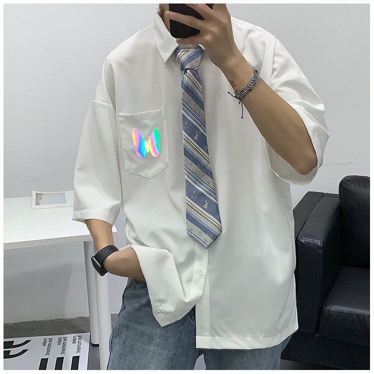 Chemises homme privathink réfléchissantes à motif papillon, style coréen, manches mi-longues, style harajuku, style hip-hop, décontractées: Blanc (taille asiatique) / M