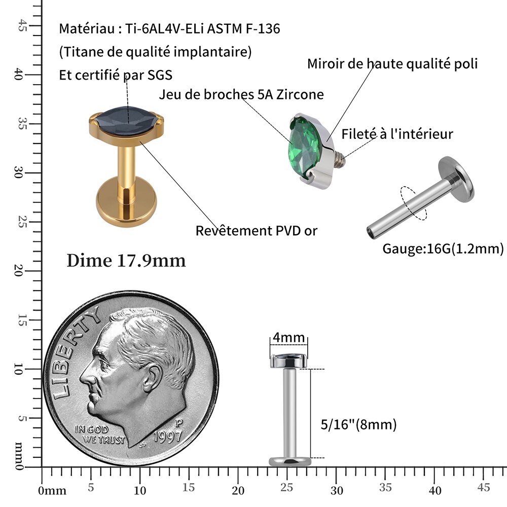 ASTM F136 Titane Unique Minuscule Marquise CZ Filetage Interne Dos Plat Labret Hélix Tragus Perçant Labret