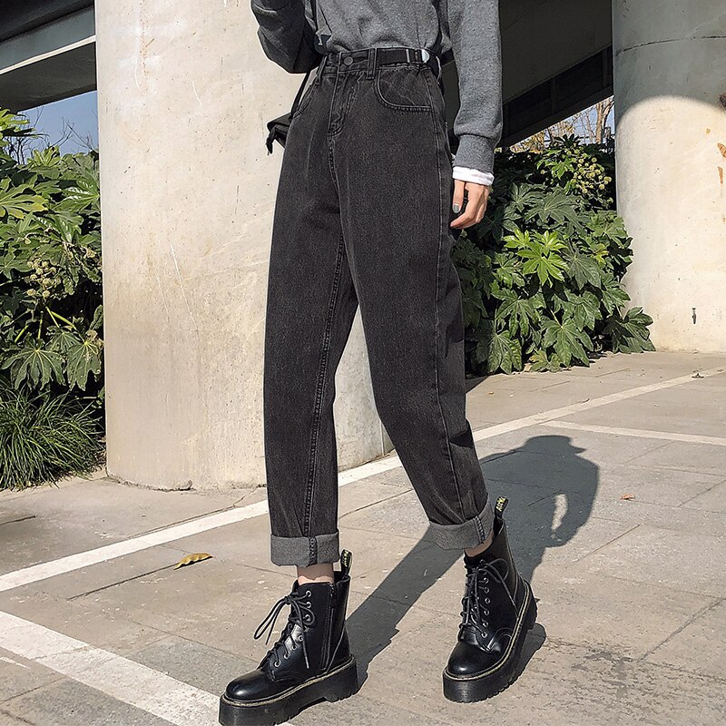 Calças de brim azuis 2020 outono casual calças de perna larga cintura solta e fina harem calças fashionwomen calças tendência