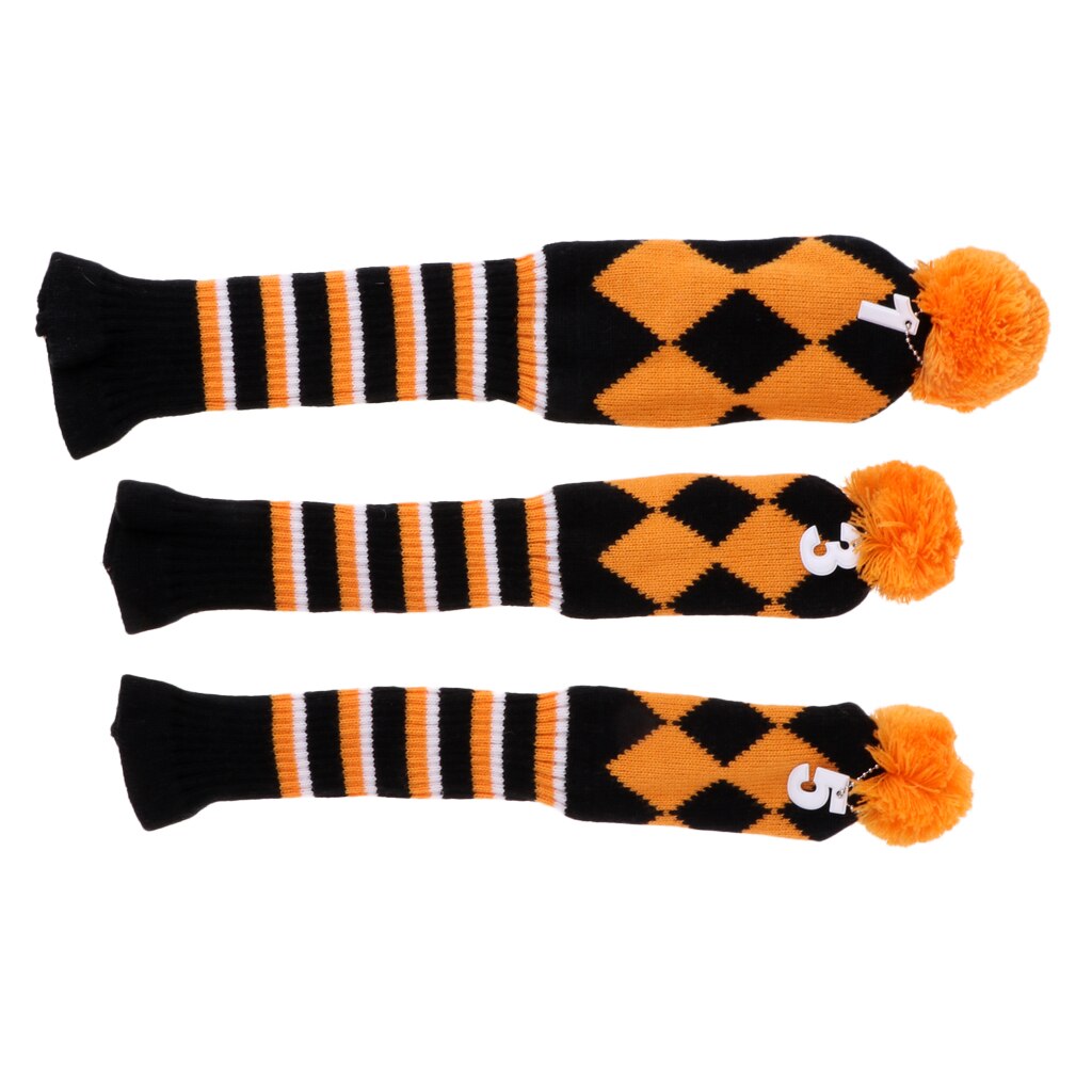 3 Pieces Golf Knit Pom Pom Headcover Driver Fairway Woods Head Covers Orange