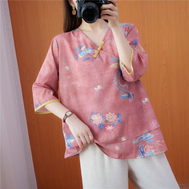 2022 chinese traditional top v neck floral printing cotton and linen qipao collar loose hanfu top tang suit: color1 / M
