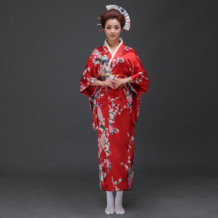 Rød vintage japanske damer kimono badekåpe kvinners faux silke yukata med obi ytelse dans kjole cosplay klær  h0029: Rød 1
